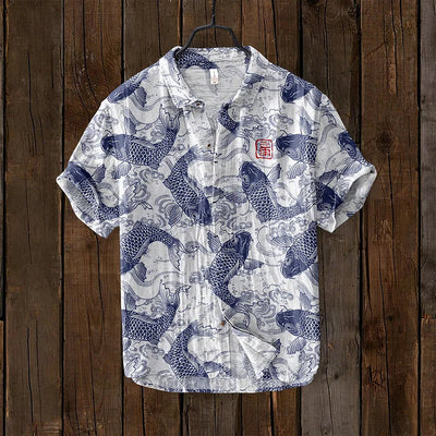 David | Stylish Fish Art Linen Shirt