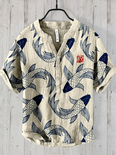 David | Stylish Fish Art Linen Shirt