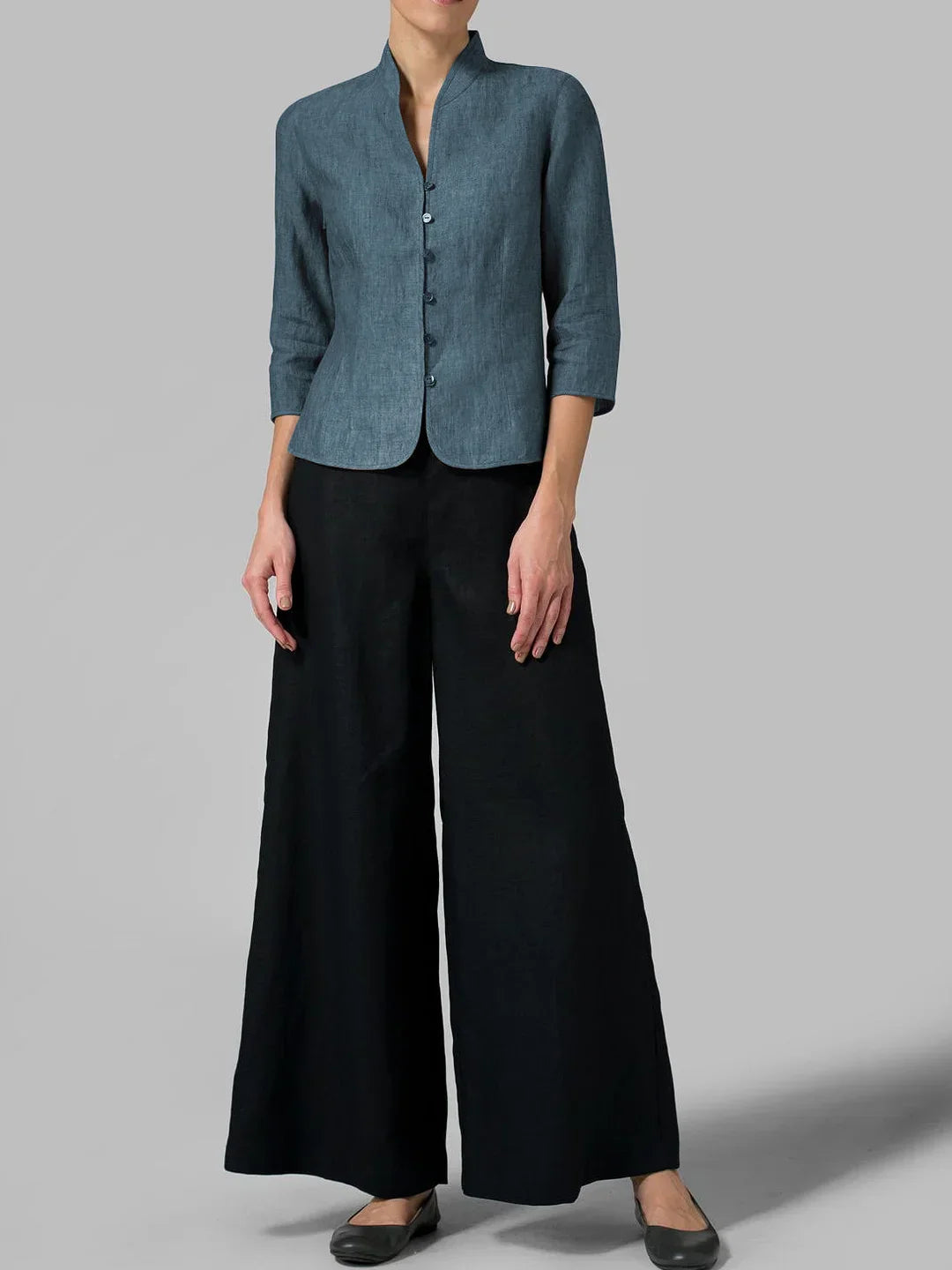 Brynna Women's Blouse - Chambray Fabric, Elegant Stand-Up Collar-3