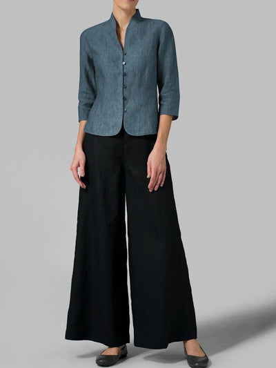 Brynna Women's Blouse - Chambray Fabric, Elegant Stand-Up Collar-3