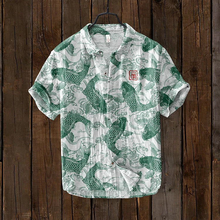 David | Stylish Fish Art Linen Shirt