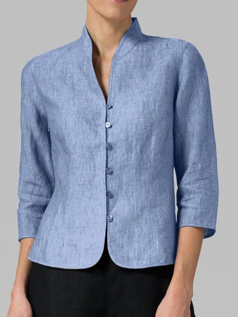 Brynna Women's Blouse - Chambray Fabric, Elegant Stand-Up Collar-1