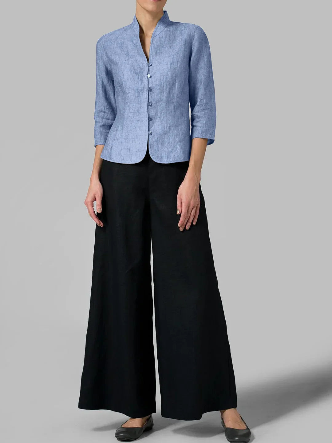 Brynna Women's Blouse - Chambray Fabric, Elegant Stand-Up Collar-2