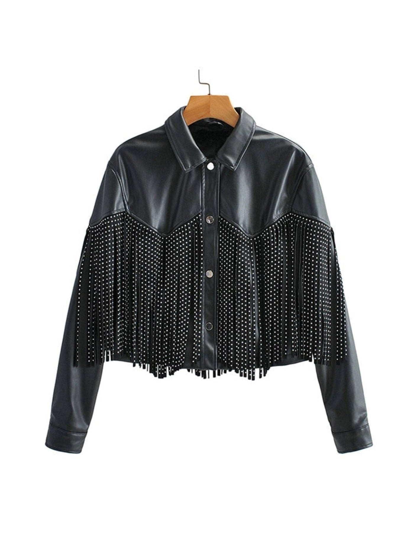 Black cropped women's studded fringe leather jacket with collar, sleeves, and light grey textile accents.