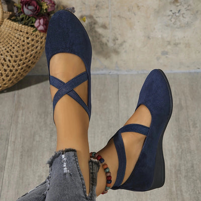 Women's comfortable blue suede cross strap ballet flats showcasing stylish design and elegant fashion.