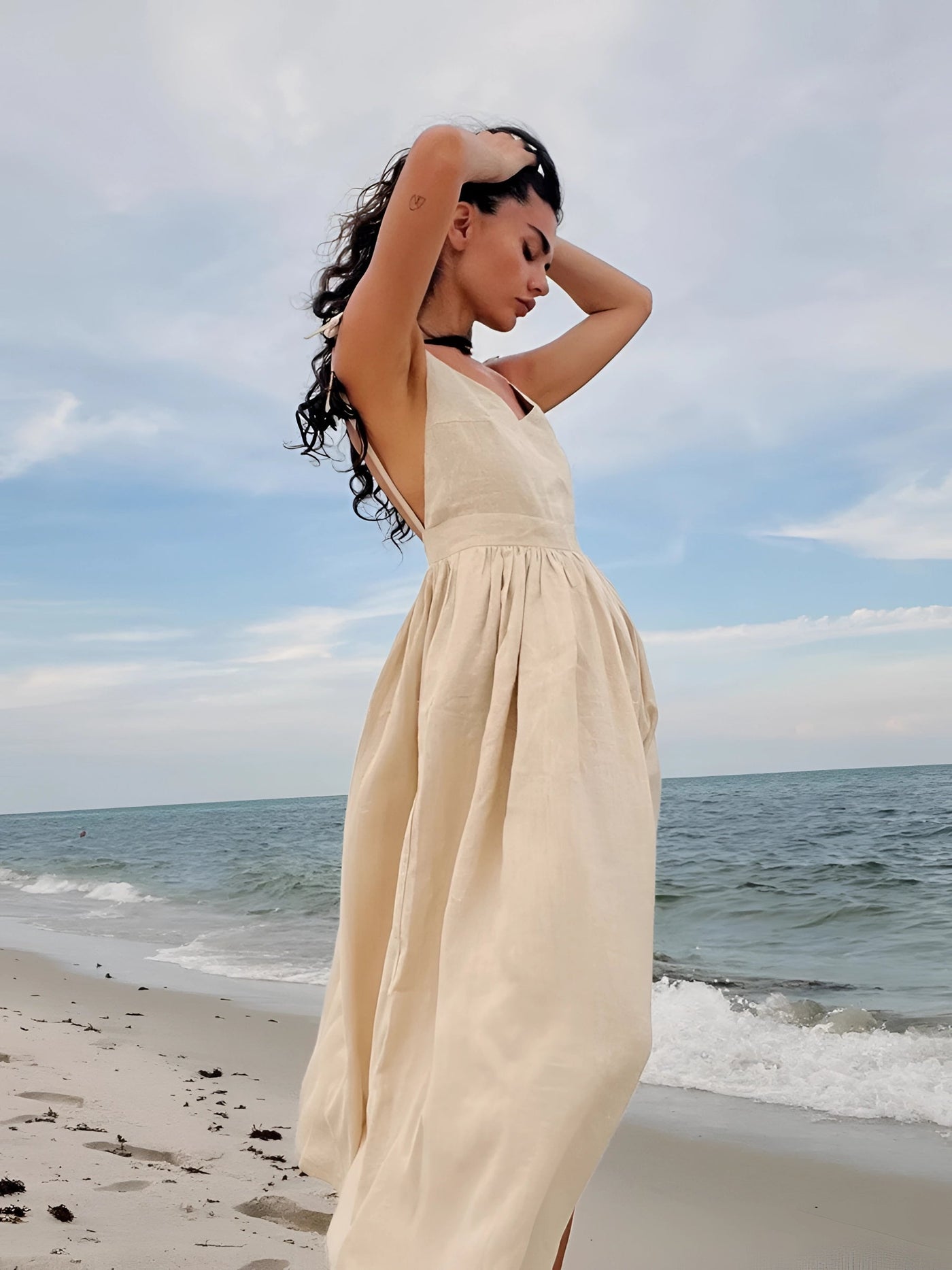 Elegant cream linen beach maxi dress, sleeveless and lightweight, flowy design in sky blue, size 3XL, perfect for warm weather.