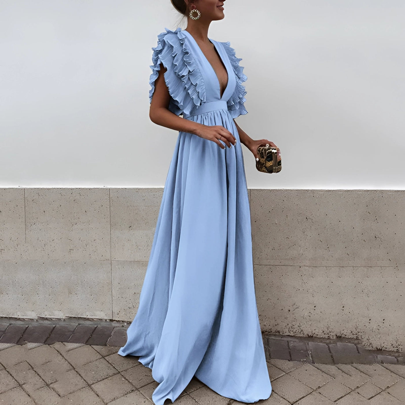 Elegant light blue ruffle gown with a deep V-neck design, featuring a fitted waist and graceful long sleeves, suitable for formal evening events.