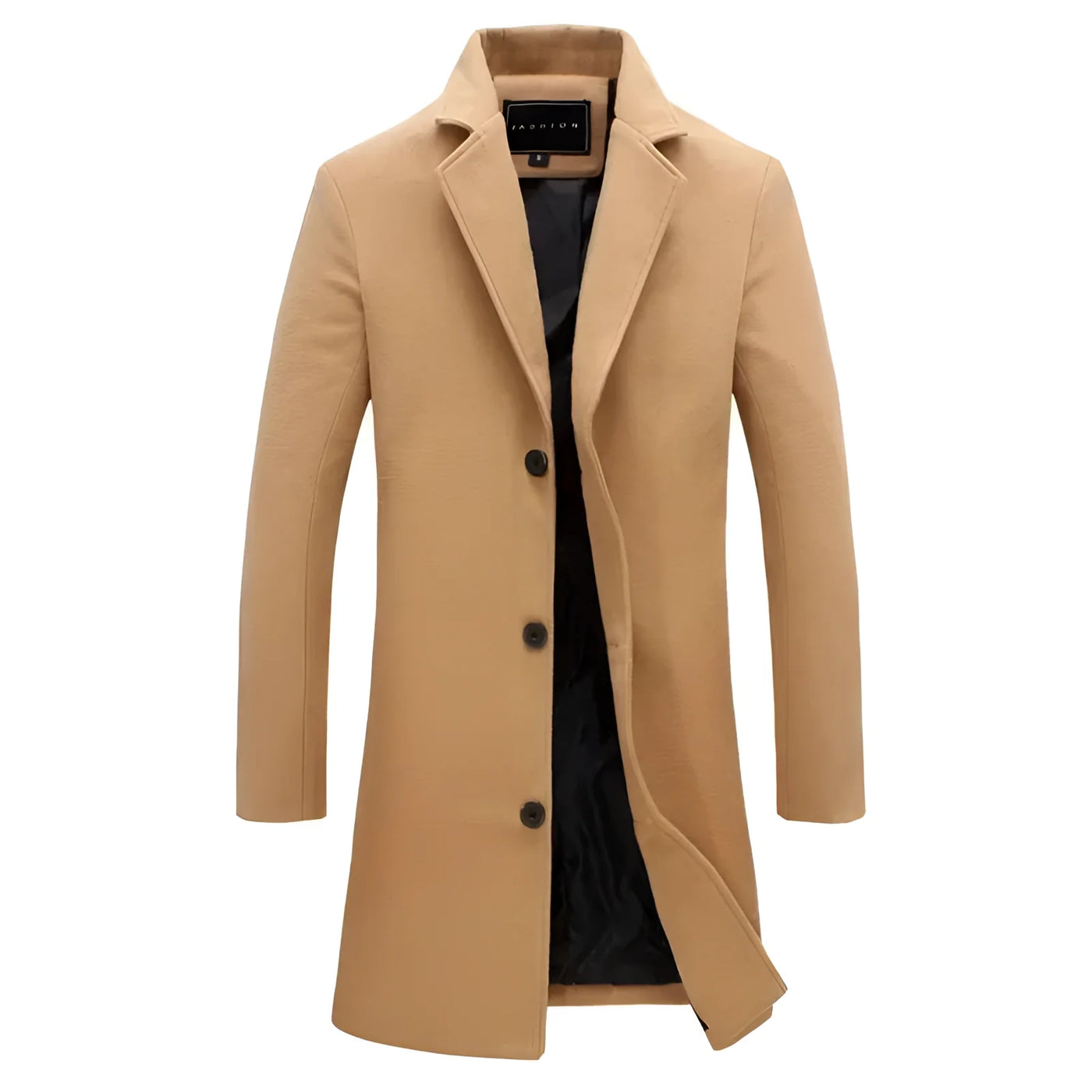 Men's beige wool winter coat hanging on a clothes hanger, featuring a tailored design with a camel overcoat style. The coat includes a collar and long sleeves, displayed against a backdrop that highlights its sapphire blue variant and 2XL size.