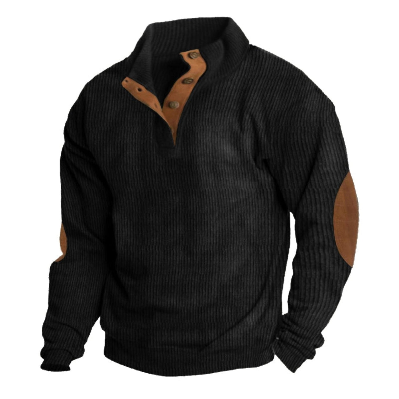 Men's brown ribbed Henley sweater with suede elbow patches, long sleeves, and a collar, styled for winter knitwear.