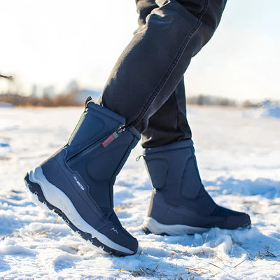 Men's waterproof insulated winter boots, slip-resistant, designed for snowy conditions and outdoor sports activities.