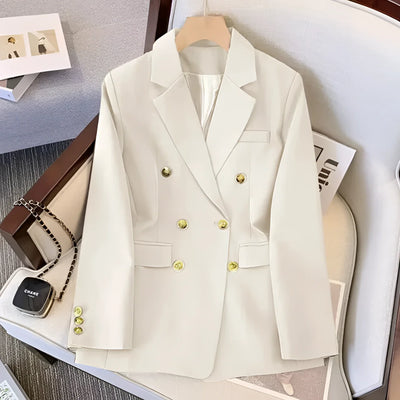 Women's pink tailored blazer with double-button cuffs, shown in Khaki 3XL variant, featuring a classic collar and elegant design suitable for office wear.