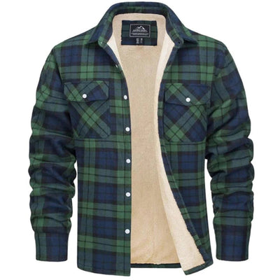 Sherpa-Lined Men's Winter Flannel Plaid Jacket in Blue-Grey, size 5XL, with button-up front, insulated interior, tartan pattern, and collar.