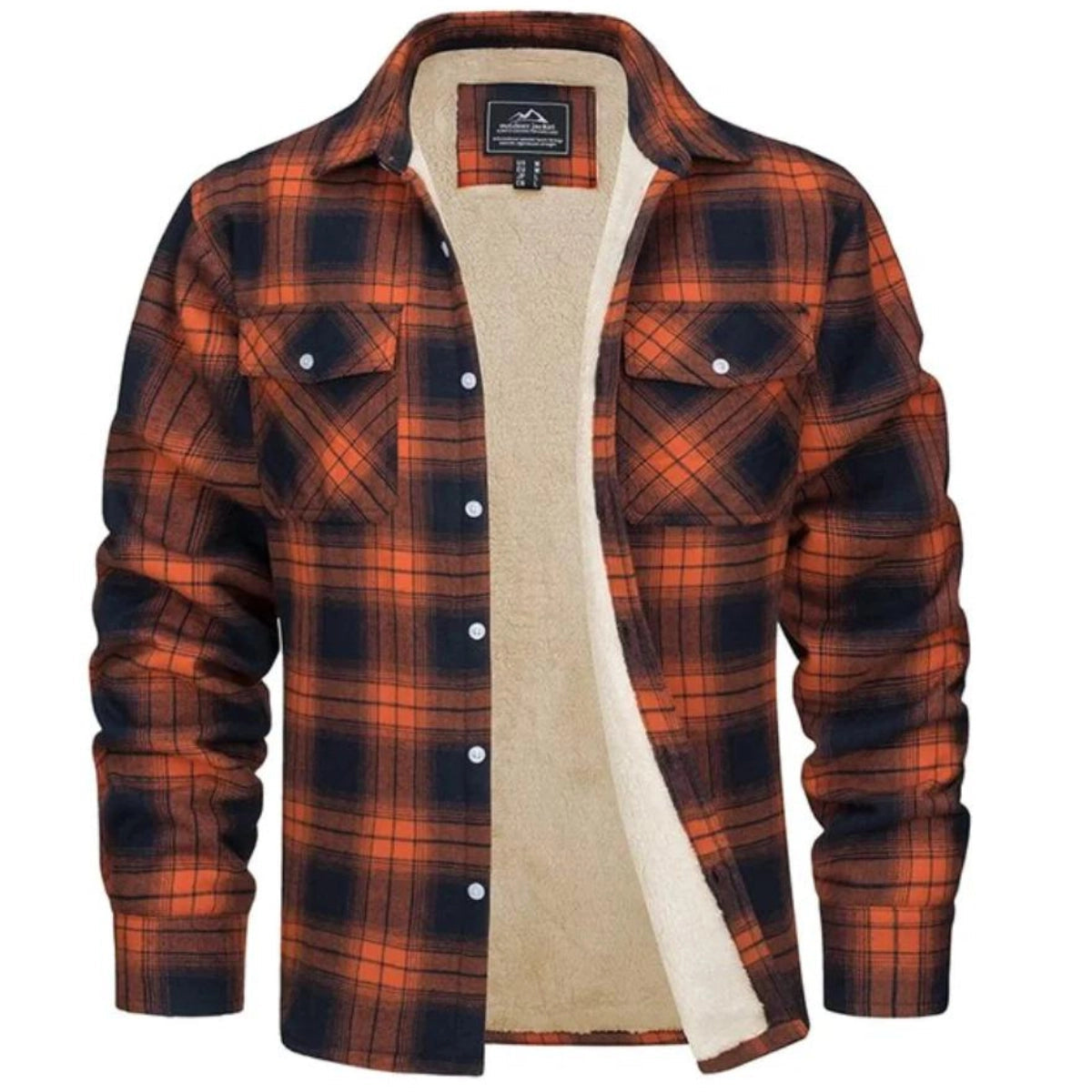 Men's khaki plaid flannel jacket in size 5XL with sherpa lining, button-up front, long sleeves, and a collar.