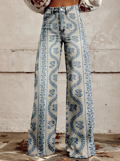 Vibrant Floral Print Bell-Bottom Jeans in white with a high-waist and wide-leg design, featuring a boho style and available in size 5XL.