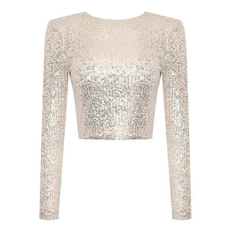 Karolin | Sequin Embellished Long Sleeve Cropped Top