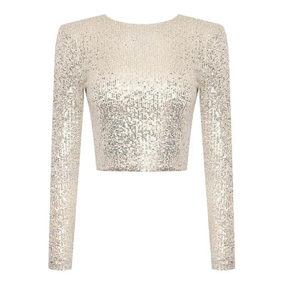 Karolin | Sequin Embellished Long Sleeve Cropped Top