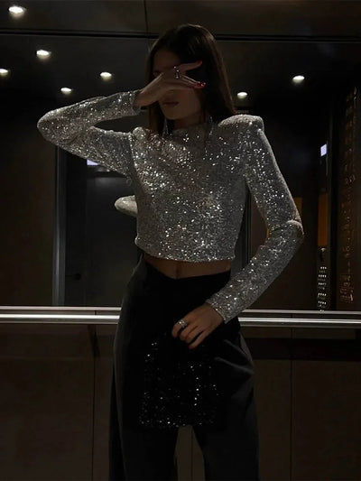 Karolin | Sequin Embellished Long Sleeve Cropped Top