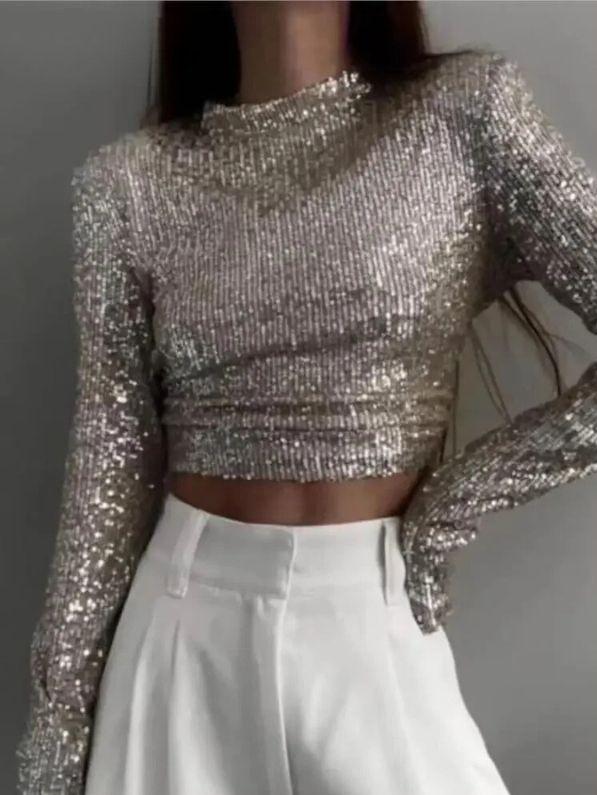 Karolin | Sequin Embellished Long Sleeve Cropped Top