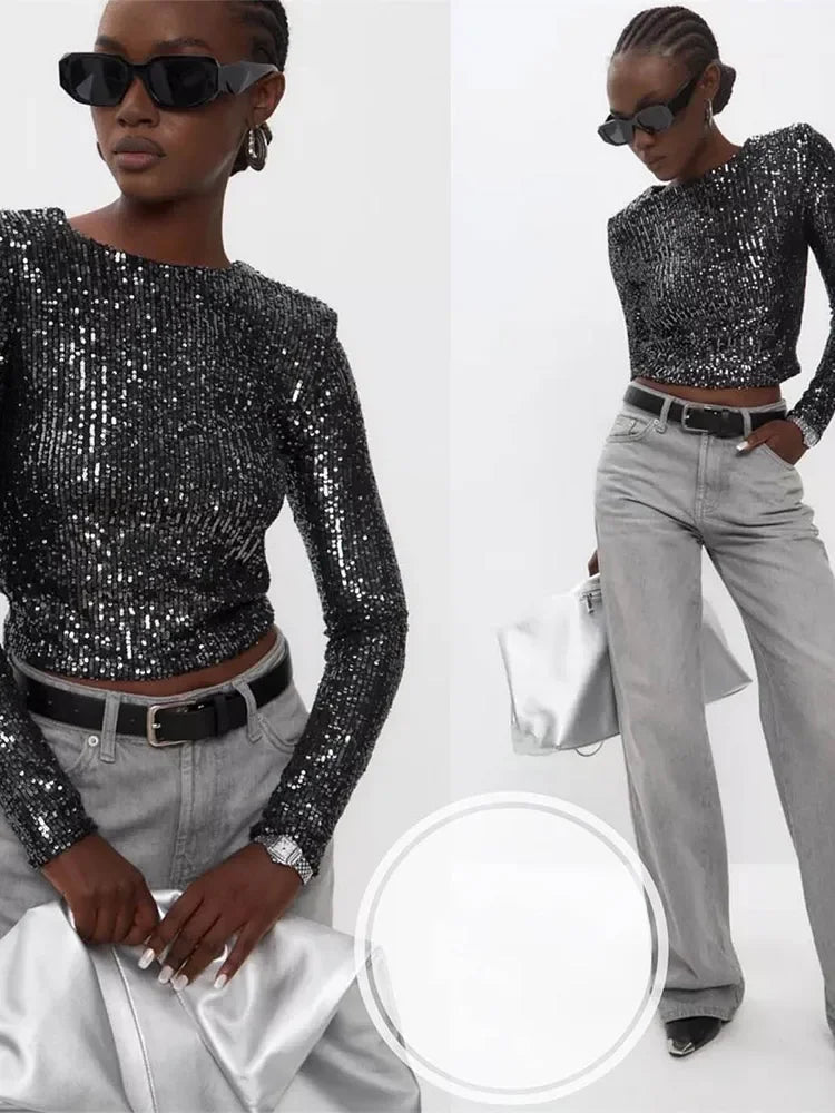 Karolin | Sequin Embellished Long Sleeve Cropped Top