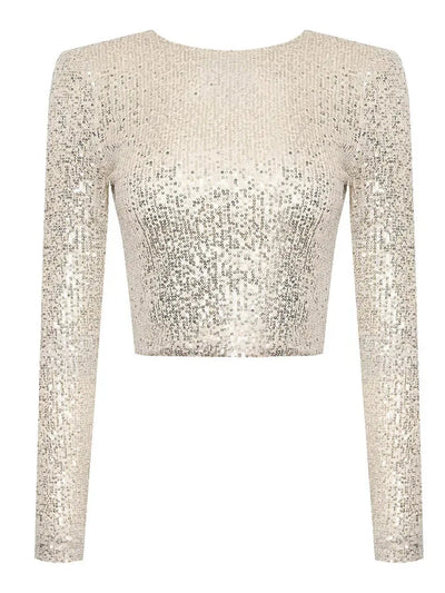 Karolin | Sequin Embellished Long Sleeve Cropped Top