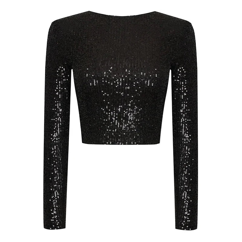 Karolin | Sequin Embellished Long Sleeve Cropped Top