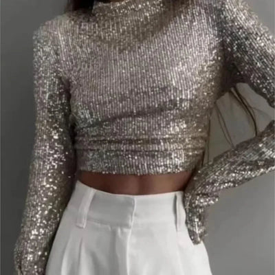 Karolin | Sequin Embellished Long Sleeve Cropped Top