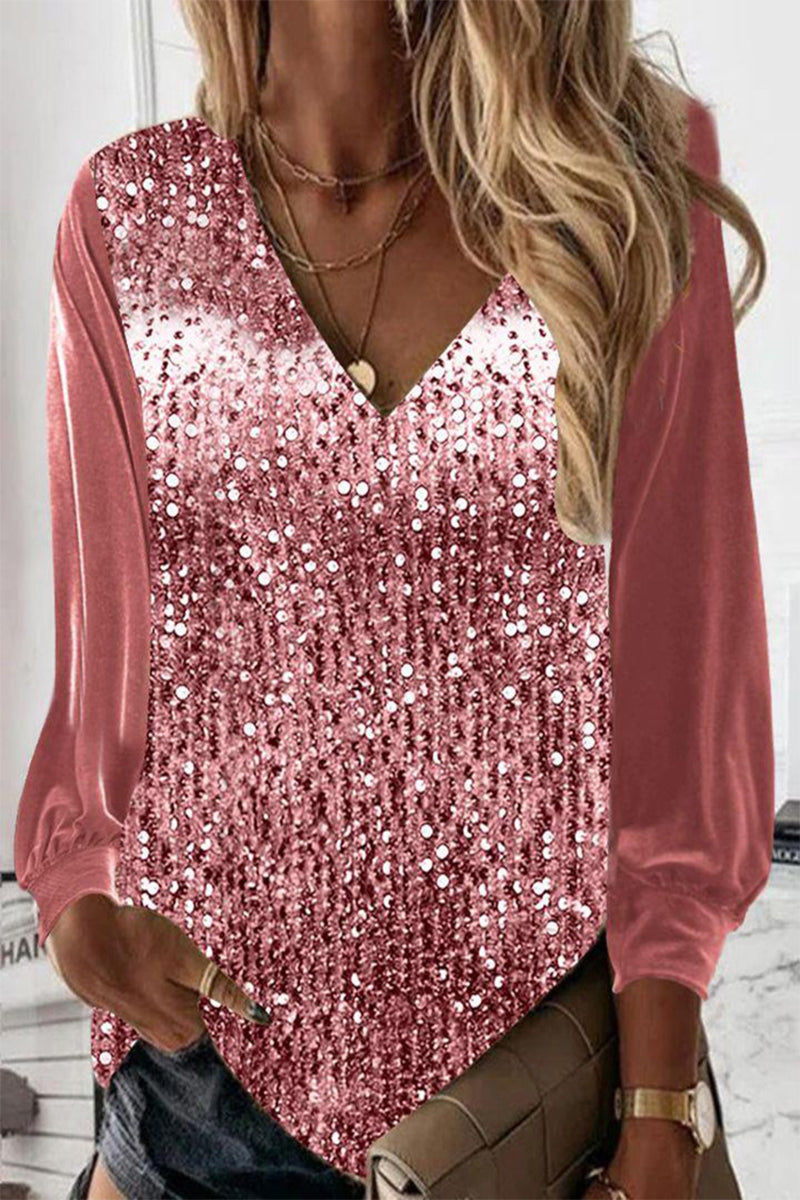 Sara | Sequin Long Sleeve V Neck Blouse