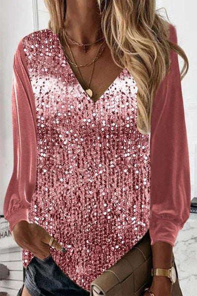 Sara | Sequin Long Sleeve V Neck Blouse