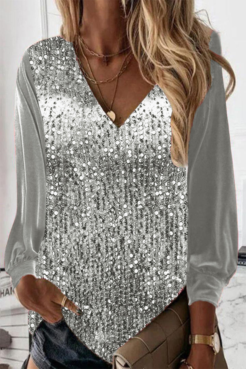 Sara | Sequin Long Sleeve V Neck Blouse