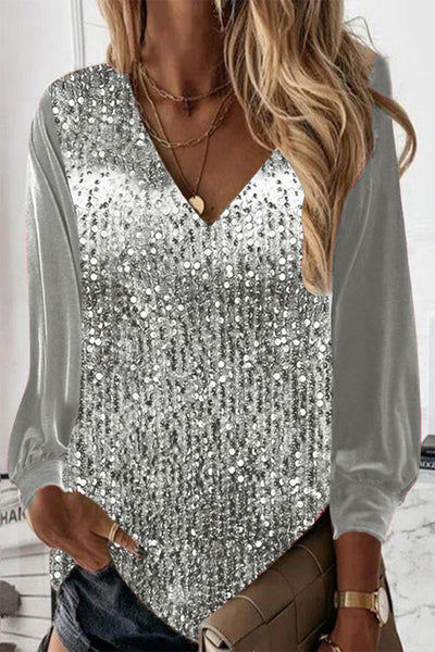 Sara | Sequin Long Sleeve V Neck Blouse