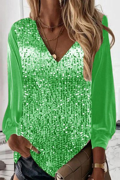 Sara | Sequin Long Sleeve V Neck Blouse