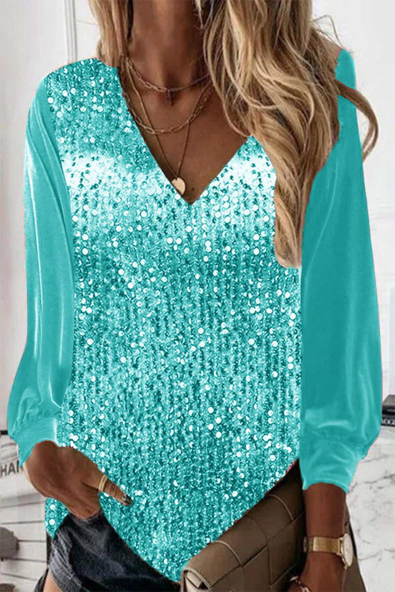 Sara | Sequin Long Sleeve V Neck Blouse