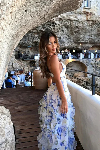 Luna | Floral Maxi Dress for Women - Ruffled Long Dress in Soft Blue and White-3