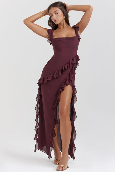 Luna | Long Sleeve Maxi Dress for Women with Ruffled Design and Thigh-High Slit in Rich Plum-2