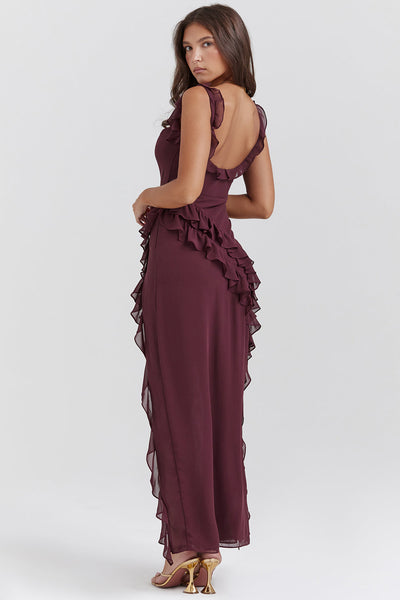 Luna | Long Sleeve Maxi Dress for Women with Ruffled Design and Thigh-High Slit in Rich Plum-3
