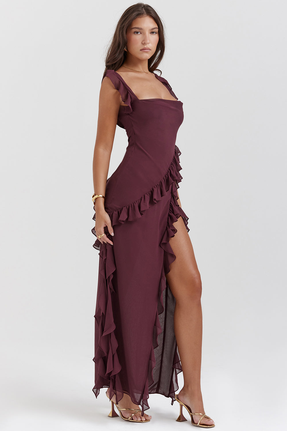 Variant image for Luna | Long Sleeve Maxi Dress for Women with Ruffled Design and Thigh-High Slit in Rich Plum-1