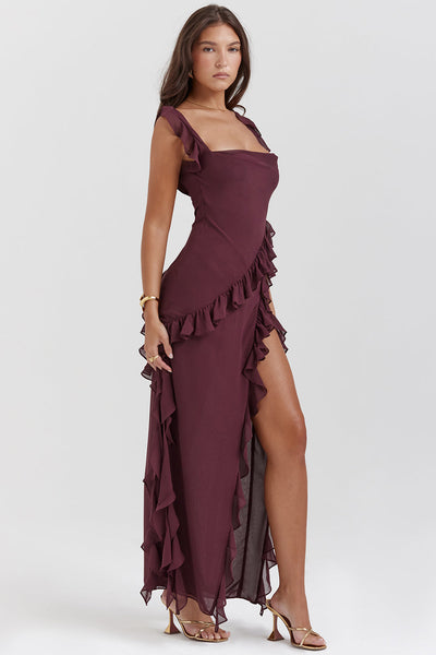 Variant image for Luna | Long Sleeve Maxi Dress for Women with Ruffled Design and Thigh-High Slit in Rich Plum-1