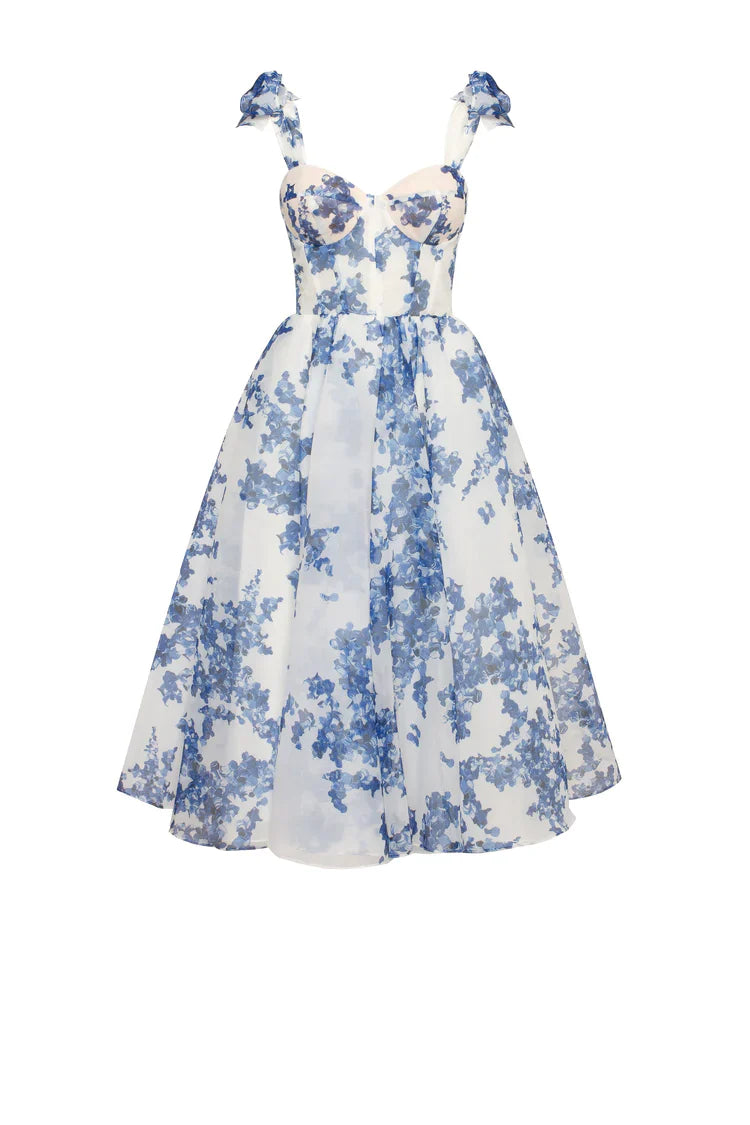 Genevieve | Blue hydrangea patterned organza midi dress