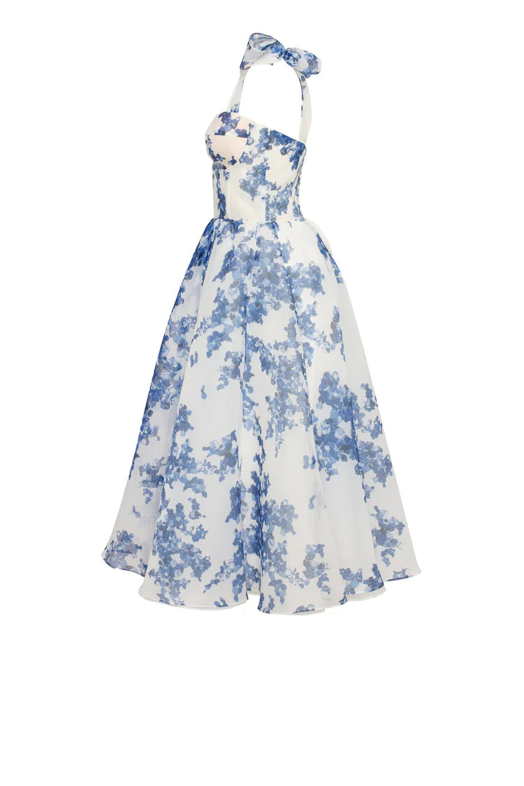 Genevieve | Blue hydrangea patterned organza midi dress