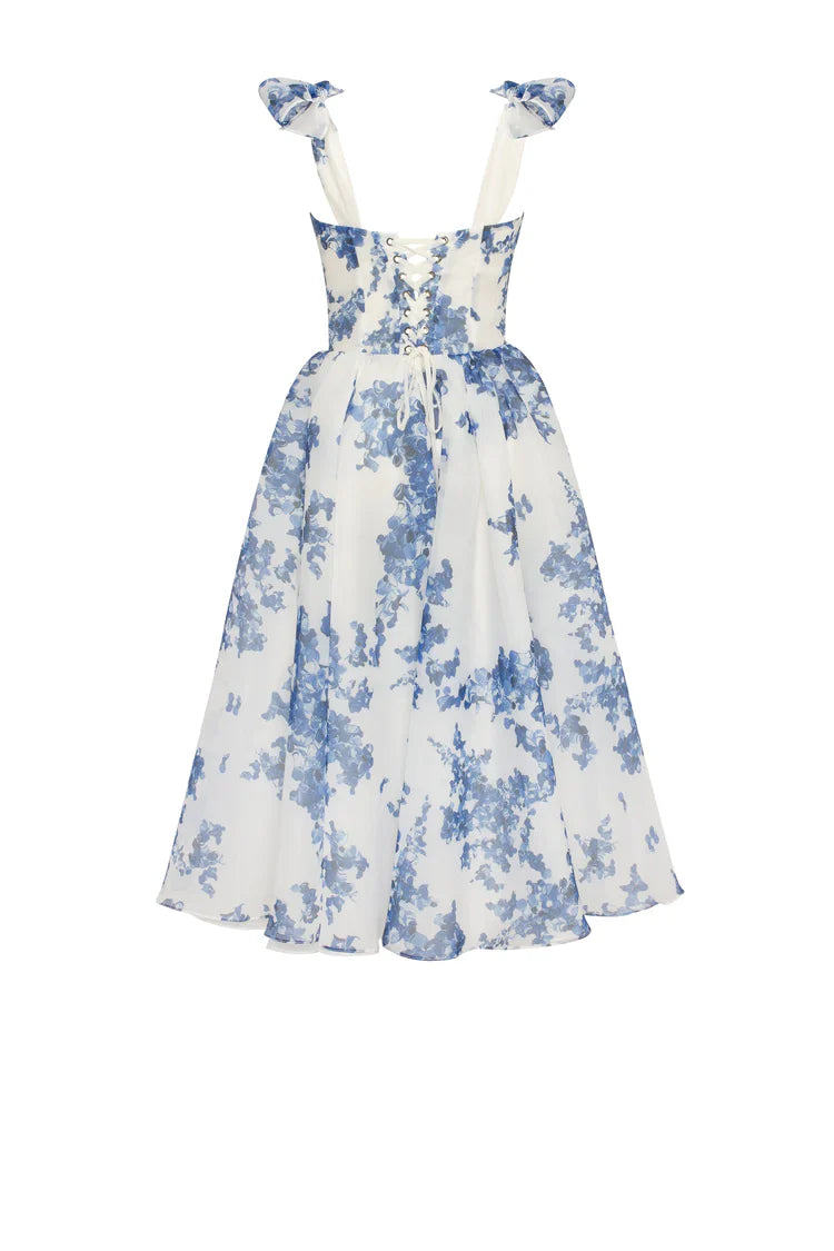 Genevieve | Blue hydrangea patterned organza midi dress