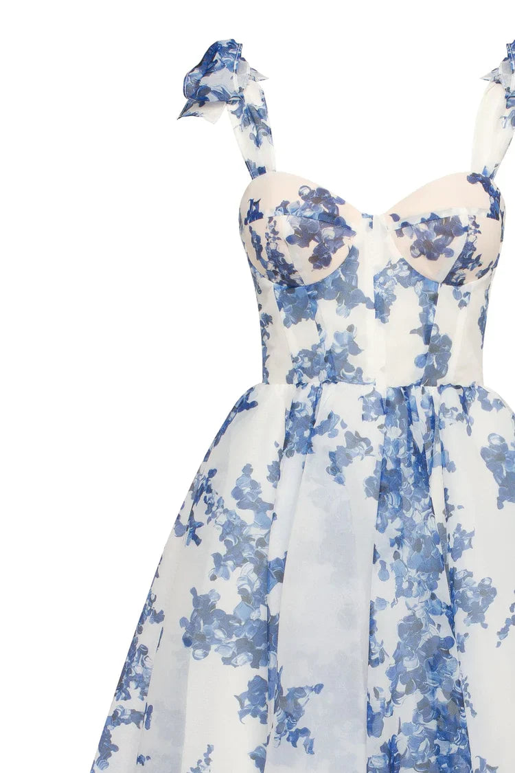 Genevieve | Blue hydrangea patterned organza midi dress