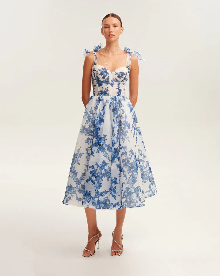 Genevieve | Blue hydrangea patterned organza midi dress