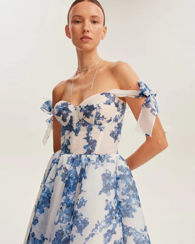 Genevieve | Blue hydrangea patterned organza midi dress