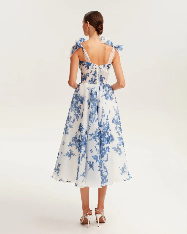 Genevieve | Blue hydrangea patterned organza midi dress