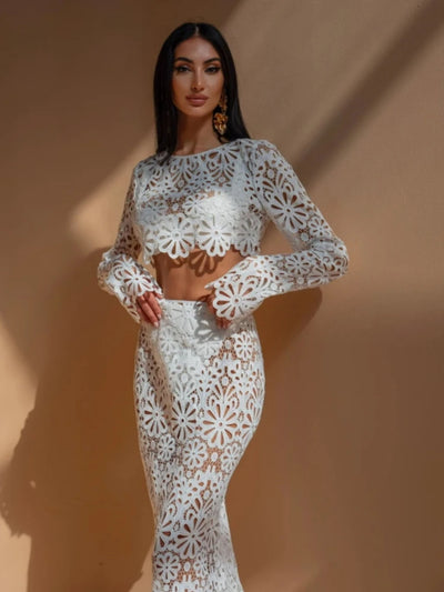 Wendy | White Beach Dress Set for Women - Elegant Embroidery & Hollow-Out Design-2