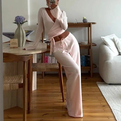 Vintage V-Neck Lounge Set | Womens Loungewear Two Piece Outfit-1