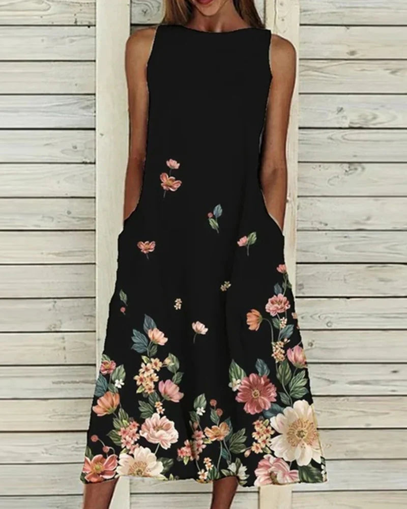 Sabine | Flower Print A-Line Midi Dress