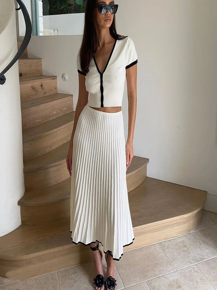 Wendy | Two Piece Skirt and Top Set - Elegant Pleated Maxi Skirt Ensemble-3