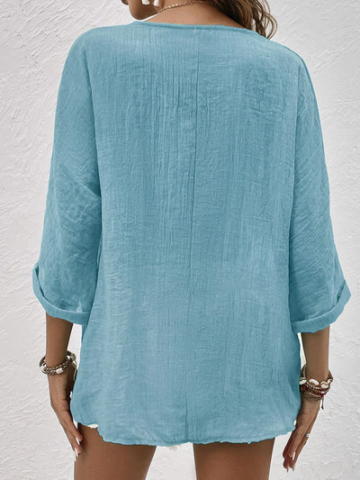 Clara | Linen Button Down Shirt for Women - V-Neck Blue Summer Top 2
