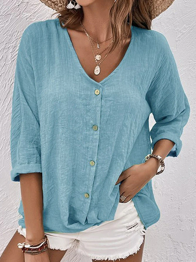 Clara | Linen Button Down Shirt for Women - V-Neck Blue Summer Top 1